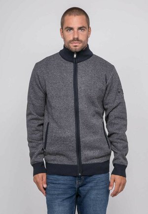Homme aux cheveux courts et à la barbe, debout face à l'avant, portant un pull zippé gris avec finition foncée et un jean bleu devant un fond uni.