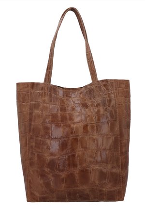 Braune Leder-Shopper-Tasche mit Krokodilmuster-Textur und doppelten Schulterriemen, rechteckige Form mit offenem oberen Abschluss.