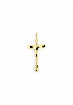 Pendente a croce in tonalità oro con una finitura texture e lucida, dotato di un anello per il fissaggio. La forma è semplice ed allungata con bordi arrotondati.