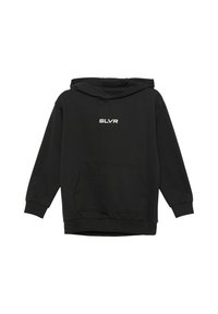 Felpa nera con cappuccio in misto cotone, dotata di tasca frontale e logo bianco "SLVR". Polsini e orlo a coste, vestibilità comoda.