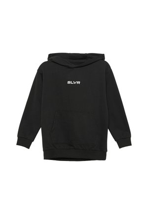 Schwarzer Kapuzenpullover aus Baumwollmischung mit einer Fronttasche und weißem "SLVR"-Logo. Rippenbündchen und -saum, lockere Passform.