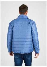 Helles blaues Daunenjacke mit gestepptem Muster, Stehkragen und kontrastierenden Nähten. Über Jeans getragen, zeigt einen lässigen Sitz.