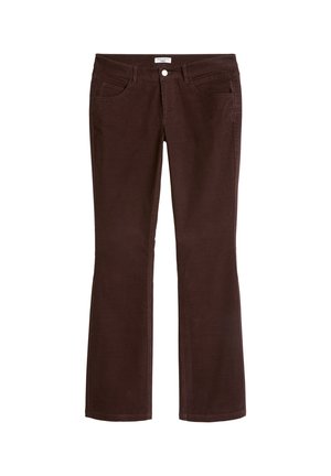 Braune Cordhose mit geradem Bein, vorne mit Knopf und Reißverschluss sowie Fünf-Taschen-Design, flach auf weißem Hintergrund liegend.