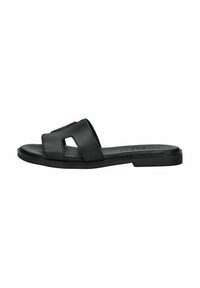 Sorte slide-sandaler lavet af glat læder med to udskæringsdetaljer. Har en flad sål og et minimalistisk design, der er velegnet til afslappet brug.
