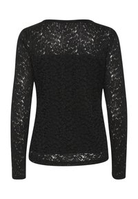 Haut noir à manches longues avec motif en dentelle florale, tissu transparent et encolure ronde, présenté de dos.