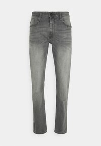 Šedé džíny z denimu s rovnými nohavicemi, pěti kapsami a zapínáním na knoflík. Vypraný vzhled s různými odstíny šedé po celé ploše.