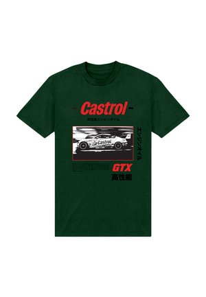 Camiseta verde oscuro con texto rojo "Castrol", gráfico de coche de carreras en blanco y negro, caracteres japoneses adicionales y texto "GTX".