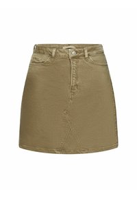Khakifarbener Denimrock mit schmaler Passform, mittelhoher Taille und Fronttaschen; verfügt über einen genähten Akzent an der Vorderseite.