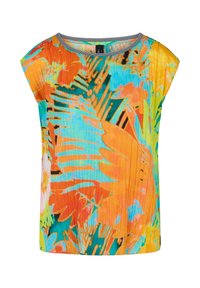 Kurze Ärmel Bluse aus farbenfrohem, gemustertem Stoff in Orange-, Teal- und Grüntönen mit plissierter Textur und rundem Halsauschnitt.