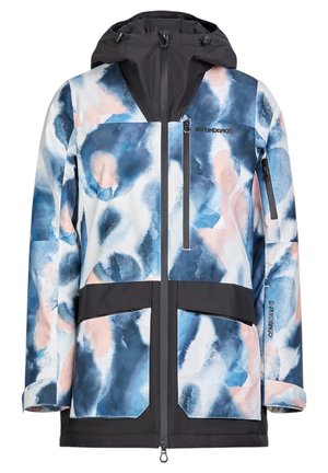 Veste imperméable avec un motif abstrait bleu, rose et blanc. Dotée d'une capuche noire, de poches zippées et d'accents gris.