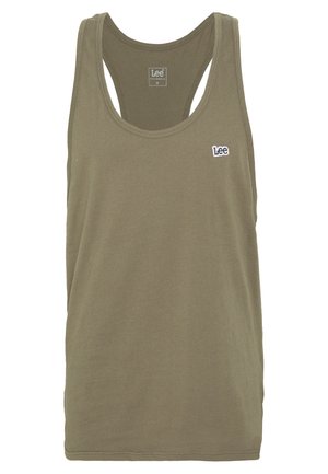 Olivenfarbene Tanktop aus weicher Baumwolle. Verfügt über einen runden Halsausschnitt, Racerback-Design und ein kleines weißes "Lee"-Logo auf der Brust.
