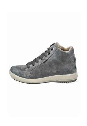 High-top grey suede sneakers with textured fabric upper, grey laces, padded collar, and a white rubber sole.