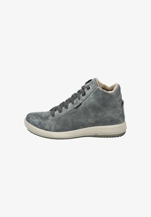 Zapatillas altas de ante gris con parte superior de tela texturizada, cordones grises, cuello acolchado y suela de goma blanca.