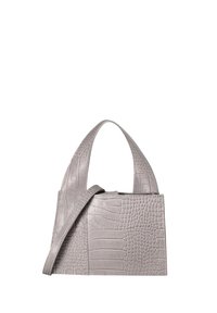 Borsa a mano in faux leather grigia con texture a coccodrillo, dotata di due manici corti e una tracolla rimovibile. Forma rettangolare.