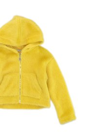 Felpa gialla in pile con zip frontale, maniche lunghe e due tasche frontali. Tessuto morbido con un design cropped e cappuccio regolabile con cordino.