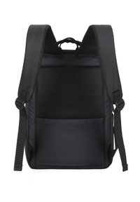 Sac à dos noir avec un dos rembourré en mesh, des bretelles réglables et une poche avant. Fabriqué en tissu durable, doté d'un design simple et fonctionnel.