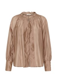 Blusa di satin marrone chiaro con collo alto a volant, maniche lunghe e chiusura con bottoni sul davanti, caratterizzata da dettagli arricciati.