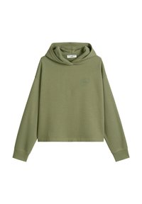 Felpa corta verde oliva con tasca a canguro, maniche lunghe e un logo discreto sul petto. Realizzata in tessuto morbido e liscio.