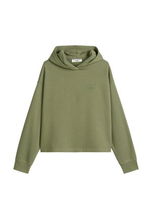 Olive green cropped hoodie with a kangaroo pocket, long sleeves, and a subtle logo on the chest. Made from soft, smooth fabric.