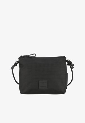 Borsa a tracolla nera in nylon con superficie testurizzata, chiusura con zip e tracolla regolabile. Presenta un'etichetta con logo sul davanti.