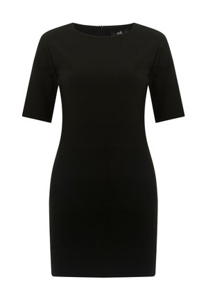 Zwarte aansluitende jurk met een ronde hals, korte mouwen en een rits aan de achterkant. Gladde textuur en jurk tot de knie.