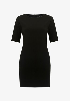 Zwarte aansluitende jurk met een ronde hals, korte mouwen en een rits aan de achterkant. Gladde textuur en jurk tot de knie.