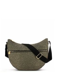 Black and beige speckled crossbody bag, semi-circular shape, textured fabric, gold zipper accents, adjustable strap.