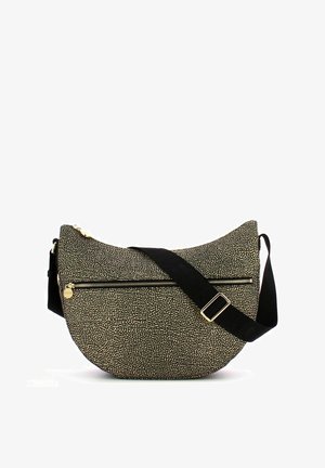 Borsa a tracolla a macchie nere e beige, forma semicircolare, tessuto testurizzato, dettagli con cerniera dorata, tracolla regolabile.