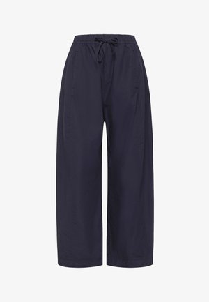 Marineblaue Hosen mit weitem Bein aus leichtem Stoff, mit einem elastischen Bund und Kordelzug. Verfügen über Seitentaschen und eine glatte Textur.