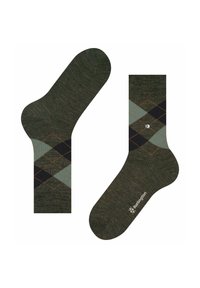 Zielone skarpetki w romby z wzorem składającym się z ciemnozielonych, czarnych i jasnozielonych diamentów, akcentowane pomarańczowymi liniami i logo z boku.