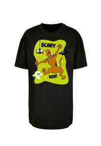 Black t-shirt featuring a cartoon design of a dog against a bright green background with the text "SCARY BOO!" and animated spiders.