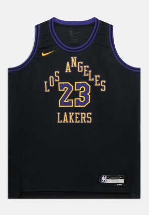 Černý basketbalový dres Los Angeles Lakers s fialovým a žlutým lemováním, číslem 23 a logy Nike a NBA.