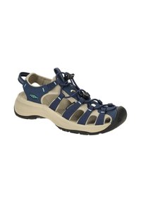 Navy blue waterproof sandal with mesh upper, rubber toe cap, and adjustable bungee laces. Contoured beige sole with a textured grip.