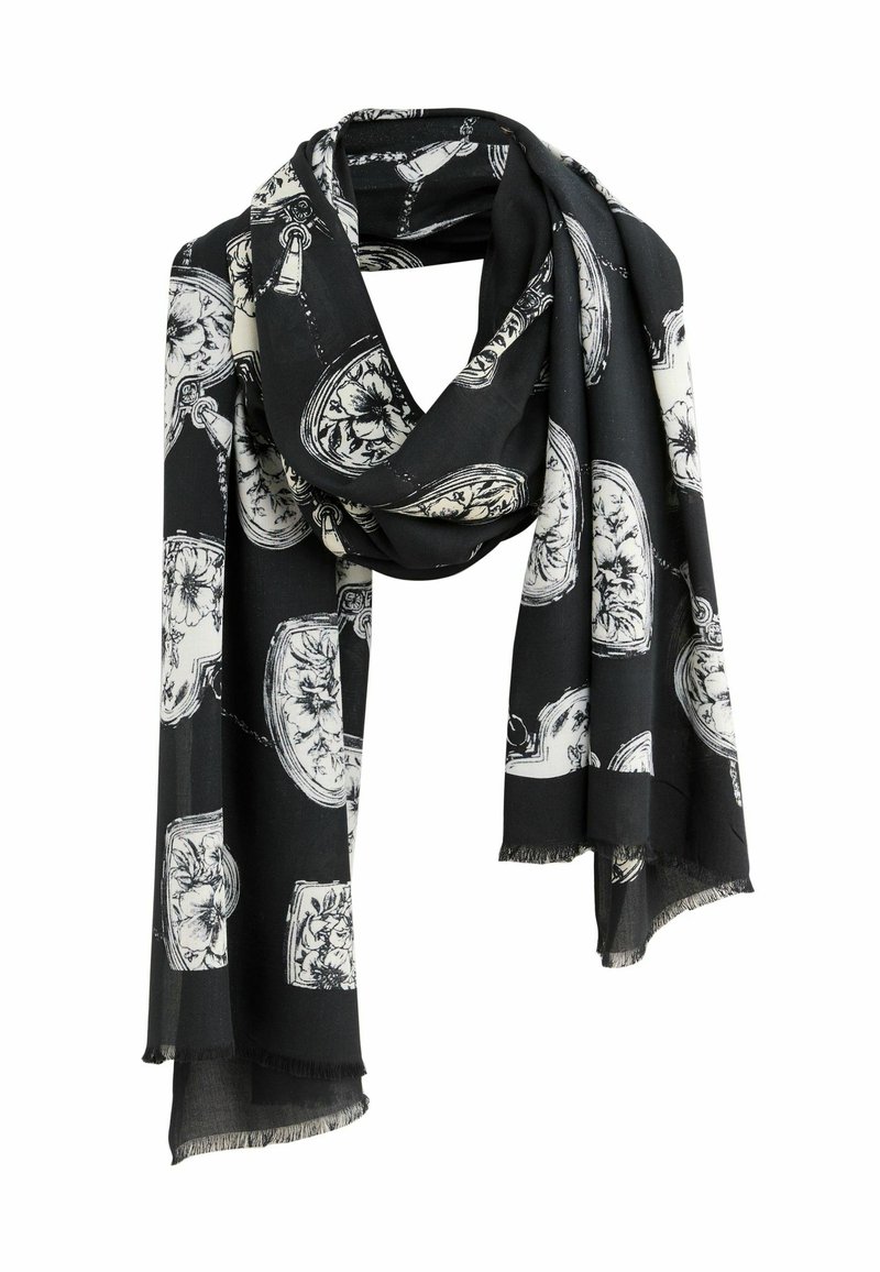 Black scarf featuring white floral patterns and intricate design elements, made from lightweight fabric with fringed edges.