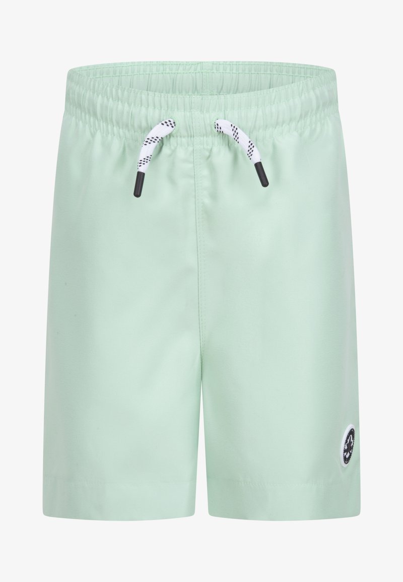 Pantaloncini da bagno verde chiaro realizzati in tessuto liscio, dotati di una cintura elastica con coulisse e una toppa con logo sul lato sinistro.