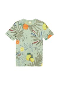 Lichtgroen t-shirt met een tropisch fruitmotief van sinaasappels, citroenen en loof. Ronde hals, korte mouwen en zachte stof.