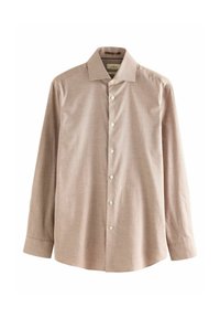 Beige Slim-Fit Langarm-Hemd für Herren mit Button-Down-Vorfront und klassischem Kragen, vor einem weißen Hintergrund präsentiert.