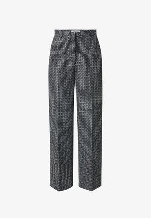 Schwarz-weiße kariierte weit geschnittene Hose aus strukturiertem Stoff, mit hoher Taille und Frontverschluss.