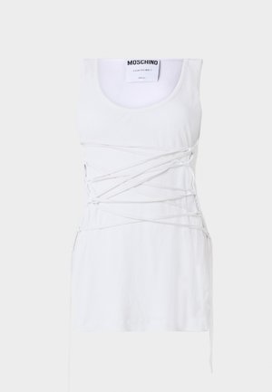 Balta ribota tank top ar krustveida mežģīņu detaļām, ar apaļu kakla izgriezumu un taisnu apakšmalu. Zīmols: Moschino Couture.