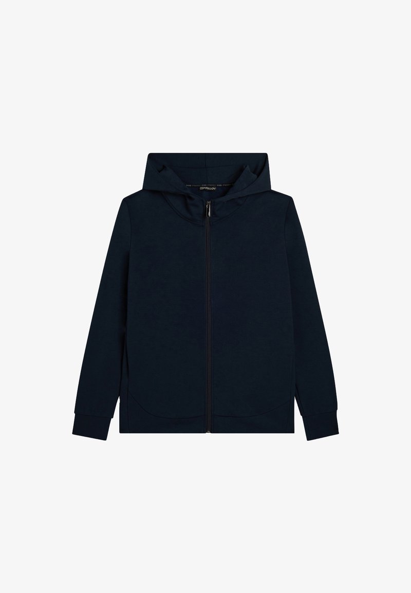 Sudadera con cremallera azul marino, fabricada en un tejido suave, que incluye capucha, bolsillos frontales y un diseño liso y minimalista sin patrones ni acentos visibles.