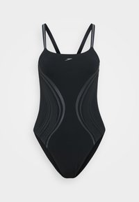 Maillot de bain une pièce noir avec des bretelles réglables, des panneaux latéraux texturés et un design élégant comportant des motifs subtils et un logo sur la poitrine.