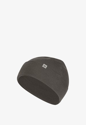 Gray knit beanie with a slim, fitted design. Features a small rectangular logo patch on the front. Soft, textured fabric for comfort.