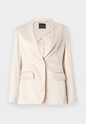 Beige linen blazer featuring a notched lapel, two front pockets, and a single button closure, with a smooth texture and tailored design.