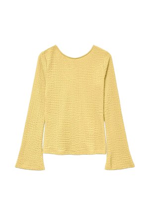 Gelbes, strukturiertes Langarmshirt mit Rundhalsausschnitt und leicht ausgestellten Ärmeln, flach auf einem weißen Hintergrund präsentiert.