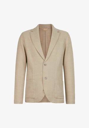 Beige strukturerad kavaj med slag, två knappar och dubbla framfickor. Lätt vikt tyg med ett subtilt vävt mönster.