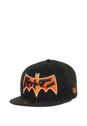 Black cap with orange Batman logo, including stylized Japanese text, flat brim, and embroidered details. New Era branding on the side.