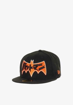 Black cap with orange Batman logo, including stylized Japanese text, flat brim, and embroidered details. New Era branding on the side.