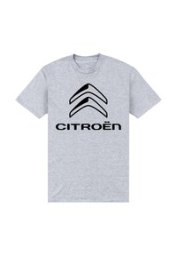 Šedé bavlněné tričko s černým logem Citroën, které obsahuje tři stylizované šipky nad názvem značky, potištěné ve středu na přední straně.