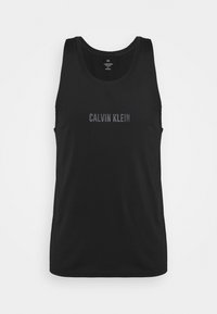 Czarny bezrękawnik wykonany z gładkiego materiału. Ma okrągły dekolt oraz napis "CALVIN KLEIN" w kontrastowym ciemnym druku.