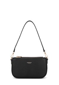 Borsa a tracolla in pelle nera con una forma curva, dettagli in hardware dorato e una parte superiore con cerniera. Include una tracolla rimovibile.